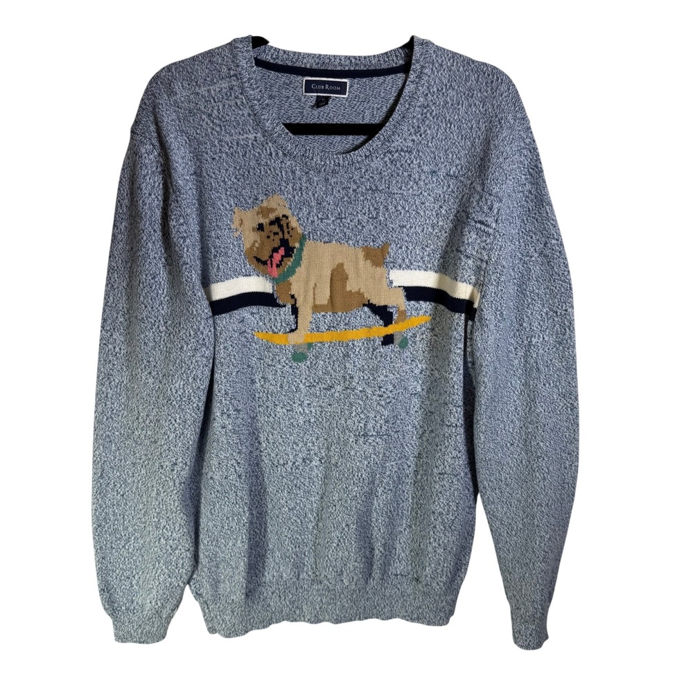 Club Room Womens XL Blue Marled Cotton Pug Skateboard Graphic Sweater HO20